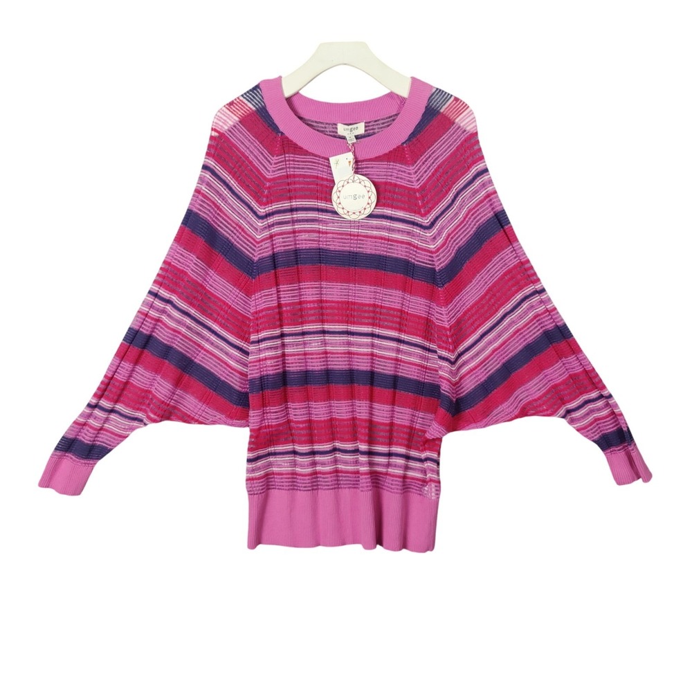 Umgee Womens Vibrant Retro Palm Springs Dolman Sweater M‎ Pink Striped Knit NEW